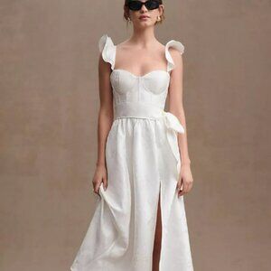 V. Chapman Vera Satin Ruffled-Sleeve Bustier Midi Dress